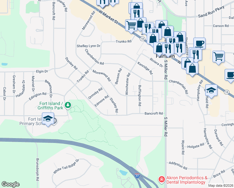 map of restaurants, bars, coffee shops, grocery stores, and more near 2950 Morewood Road in Fairlawn