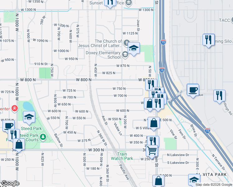 map of restaurants, bars, coffee shops, grocery stores, and more near 257 West 700 North in Clearfield