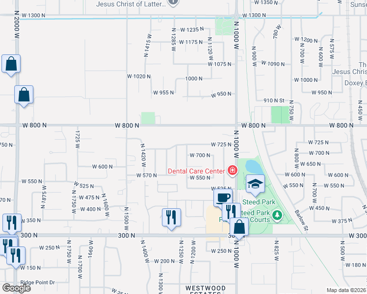 map of restaurants, bars, coffee shops, grocery stores, and more near 1285 West 725 North in Clearfield