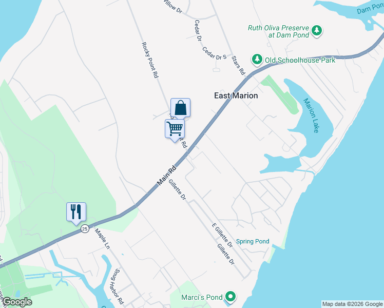 map of restaurants, bars, coffee shops, grocery stores, and more near 7720 Main Road in East Marion