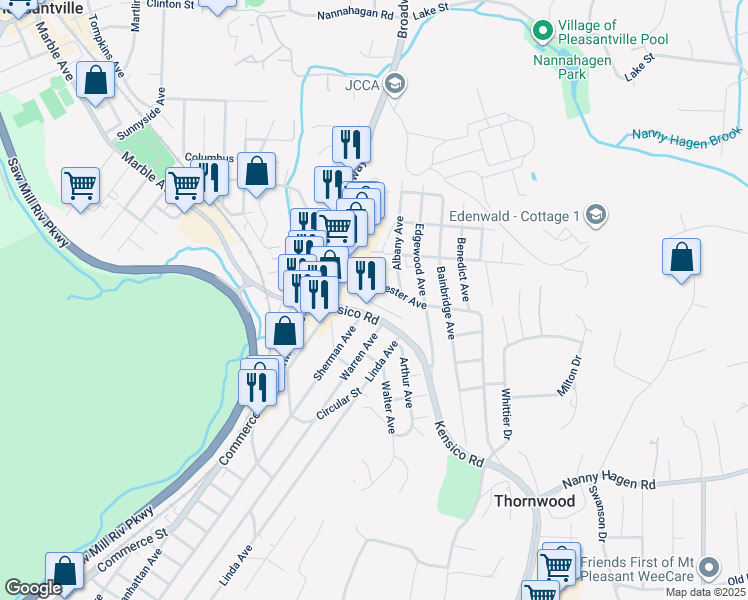 map of restaurants, bars, coffee shops, grocery stores, and more near 60 Westchester Avenue in Thornwood