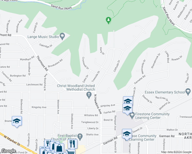 map of restaurants, bars, coffee shops, grocery stores, and more near 527 Treeside Drive in Akron