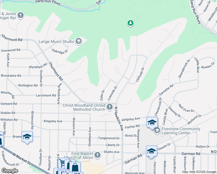 map of restaurants, bars, coffee shops, grocery stores, and more near 511 Zahn Drive in Akron