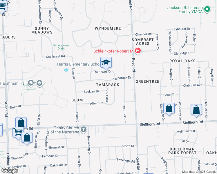map of restaurants, bars, coffee shops, grocery stores, and more near 4811-4817 Ottawa Drive in Fort Wayne