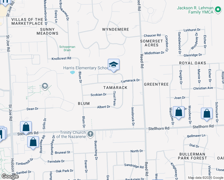 map of restaurants, bars, coffee shops, grocery stores, and more near 4361 Scokian Drive in Fort Wayne