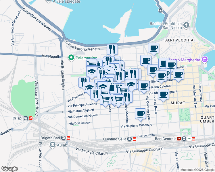 map of restaurants, bars, coffee shops, grocery stores, and more near 2 Via Giovanni Pascoli in Bari