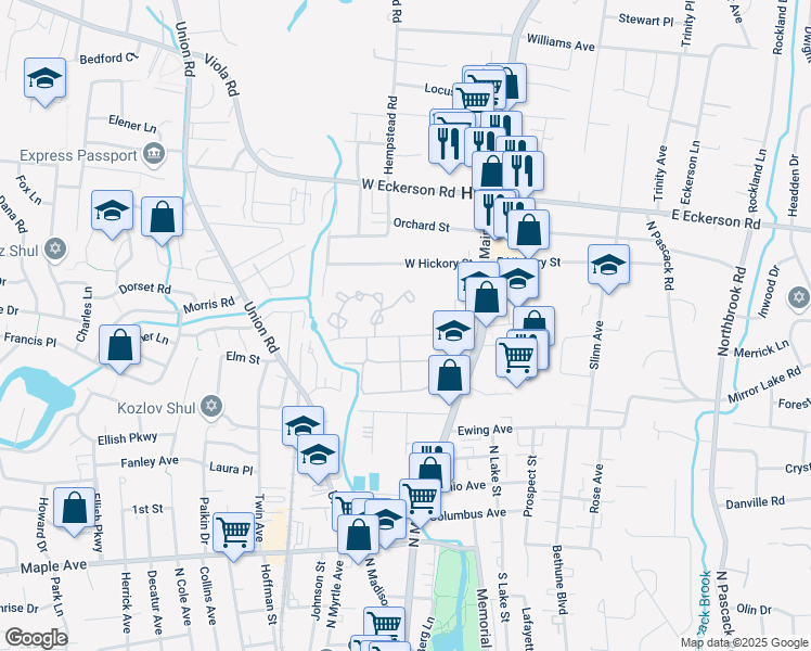 map of restaurants, bars, coffee shops, grocery stores, and more near 277 Sneden Place West in Spring Valley