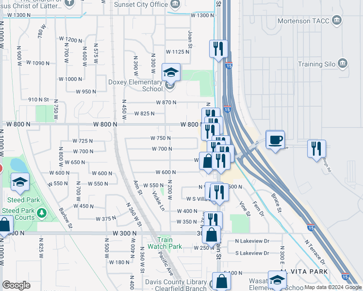 map of restaurants, bars, coffee shops, grocery stores, and more near 151 West 700 North in Clearfield
