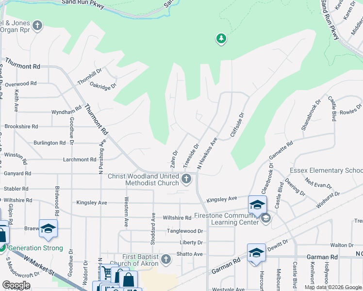 map of restaurants, bars, coffee shops, grocery stores, and more near 501 Zahn Drive in Akron