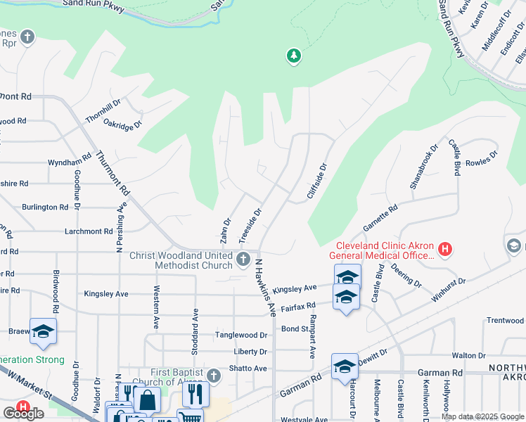 map of restaurants, bars, coffee shops, grocery stores, and more near 527 Treeside Drive in Akron
