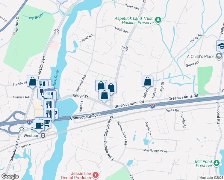 map of restaurants, bars, coffee shops, grocery stores, and more near 184 Compo Road South in Westport