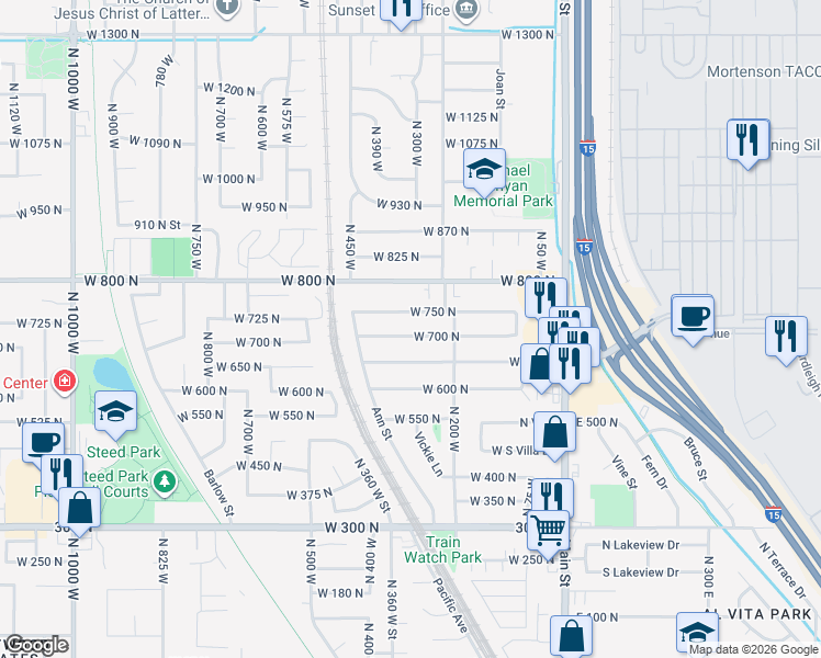 map of restaurants, bars, coffee shops, grocery stores, and more near 257 West 700 North in Clearfield