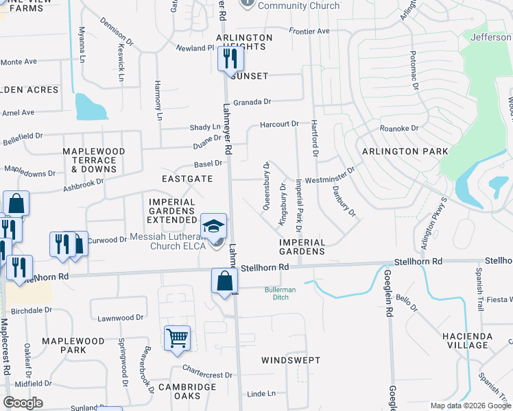 map of restaurants, bars, coffee shops, grocery stores, and more near 7519 Imperial Plaza Drive in Fort Wayne