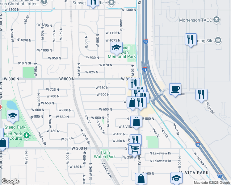 map of restaurants, bars, coffee shops, grocery stores, and more near 151 West 700 North in Clearfield
