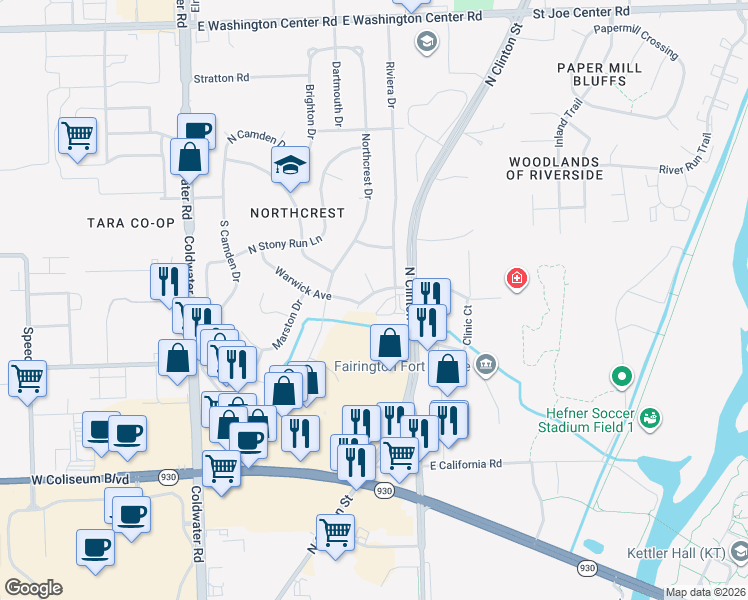map of restaurants, bars, coffee shops, grocery stores, and more near 928 Wakefield Avenue in Fort Wayne