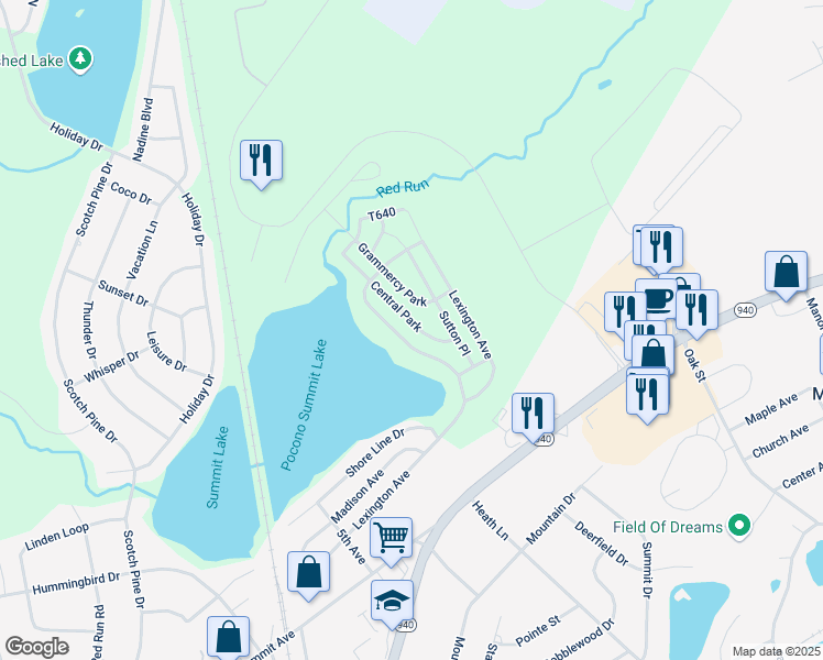 map of restaurants, bars, coffee shops, grocery stores, and more near Park Ave in Mt Pocono