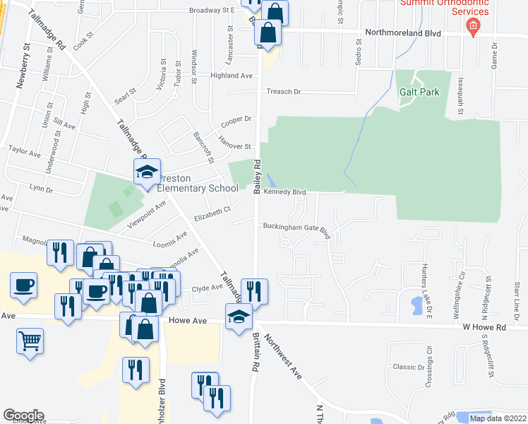 map of restaurants, bars, coffee shops, grocery stores, and more near 1483 Buckingham Gate Boulevard in Cuyahoga Falls