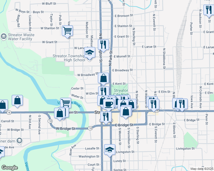 map of restaurants, bars, coffee shops, grocery stores, and more near 310 North Park Street in Streator