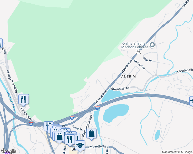 map of restaurants, bars, coffee shops, grocery stores, and more near 41 Rockledge Dr in Suffern