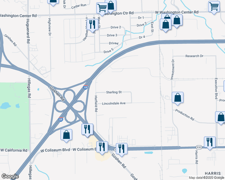 map of restaurants, bars, coffee shops, grocery stores, and more near 2834 Sterling Street in Fort Wayne