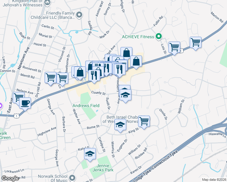 map of restaurants, bars, coffee shops, grocery stores, and more near 48 County Street in Norwalk