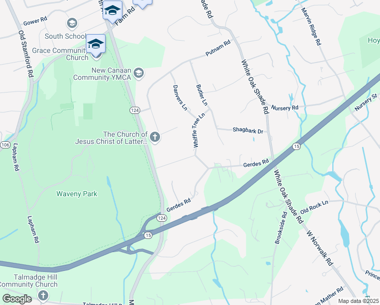 map of restaurants, bars, coffee shops, grocery stores, and more near 72 Conrad Road in New Canaan