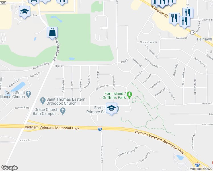 map of restaurants, bars, coffee shops, grocery stores, and more near 3227 Edington Road in Fairlawn
