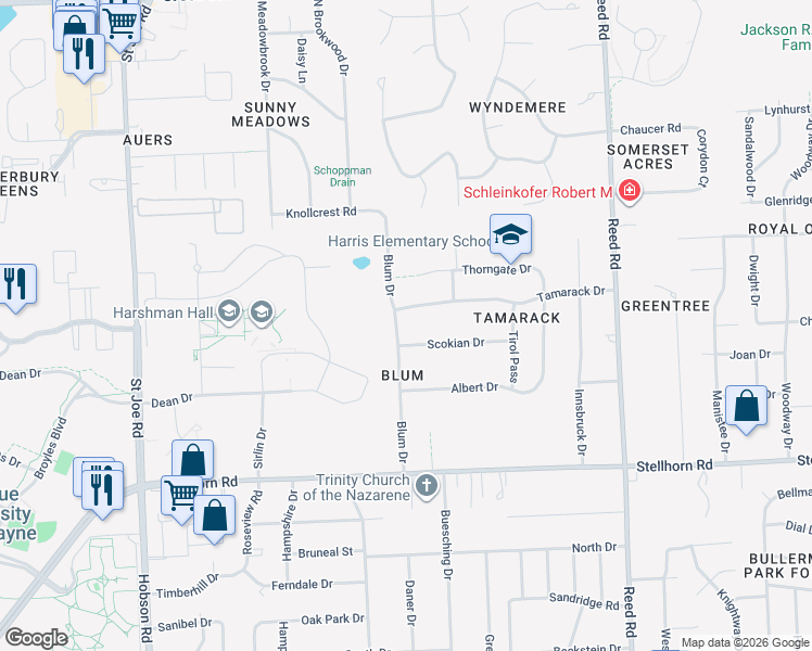 map of restaurants, bars, coffee shops, grocery stores, and more near 4844 Blum Drive in Fort Wayne
