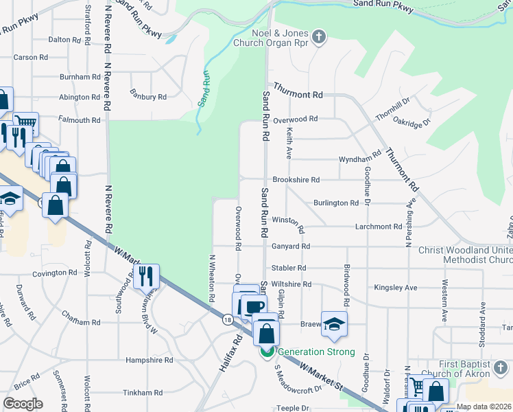 map of restaurants, bars, coffee shops, grocery stores, and more near 232 Sand Run Road in Akron