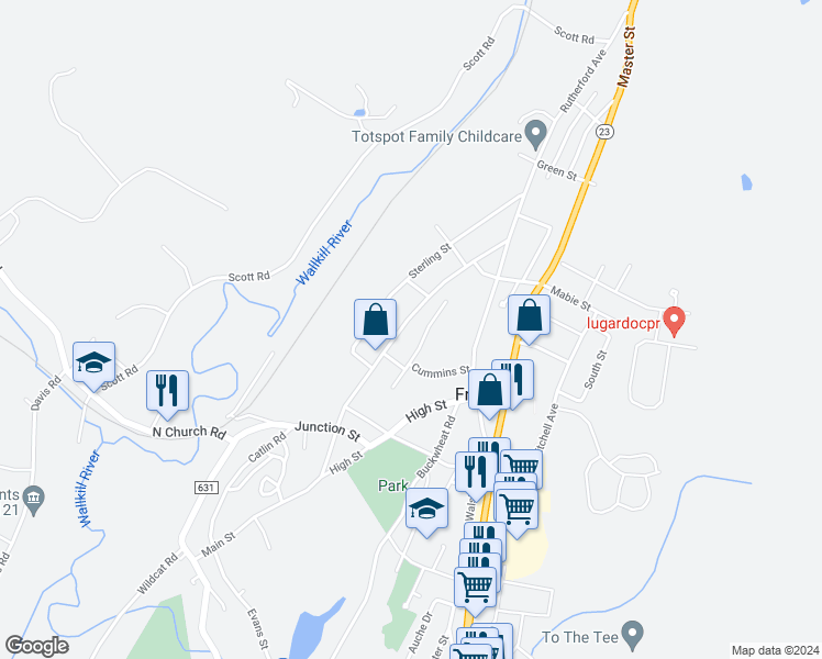 map of restaurants, bars, coffee shops, grocery stores, and more near 146 Main Street in Franklin
