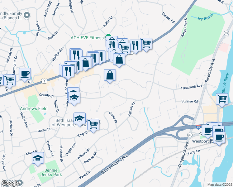 map of restaurants, bars, coffee shops, grocery stores, and more near 92 County Street in Norwalk