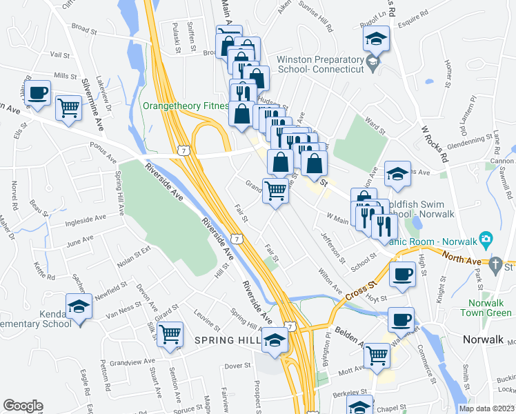 map of restaurants, bars, coffee shops, grocery stores, and more near 5 Warren Street in Norwalk