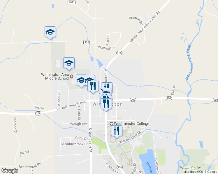 map of restaurants, bars, coffee shops, grocery stores, and more near 210 North Market Street in New Wilmington