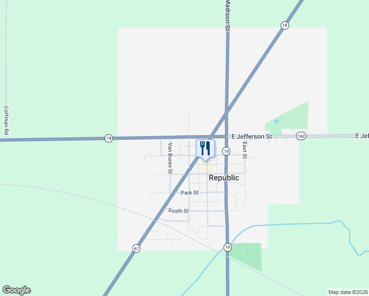 map of restaurants, bars, coffee shops, grocery stores, and more near 108 Broadway Street in Republic