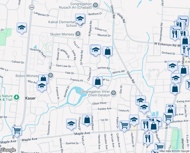 map of restaurants, bars, coffee shops, grocery stores, and more near 33 Morris Road in Spring Valley