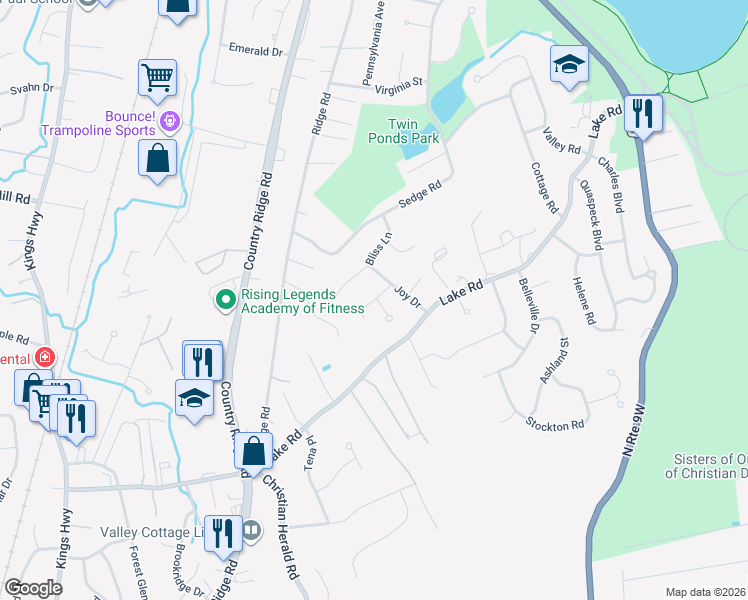 map of restaurants, bars, coffee shops, grocery stores, and more near 12 Gleeful Lane in Valley Cottage