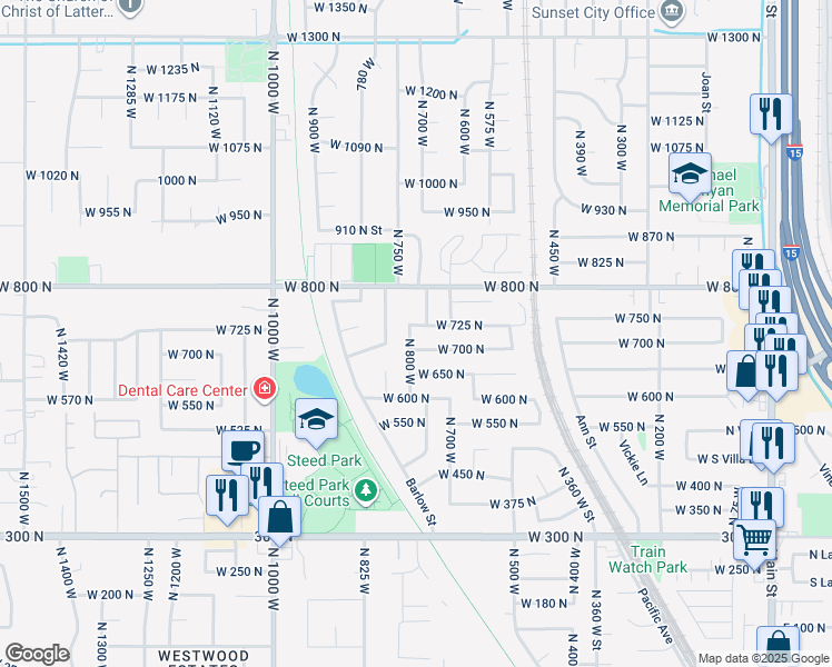 map of restaurants, bars, coffee shops, grocery stores, and more near 721 North 800 West in Clearfield