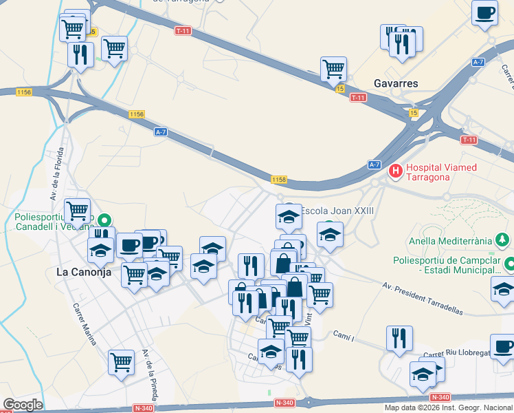 map of restaurants, bars, coffee shops, grocery stores, and more near 20 Carrer Vint-I-Vuit in Tarragona