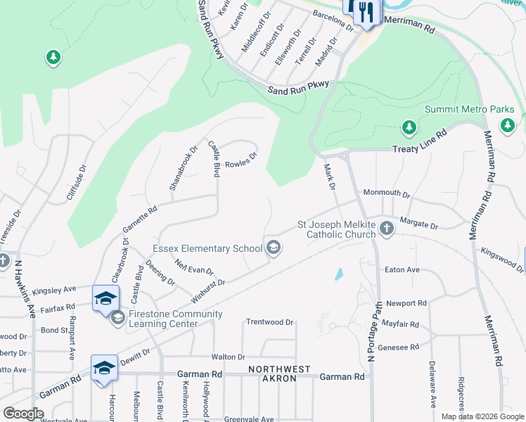map of restaurants, bars, coffee shops, grocery stores, and more near 870 Shullo Drive in Akron