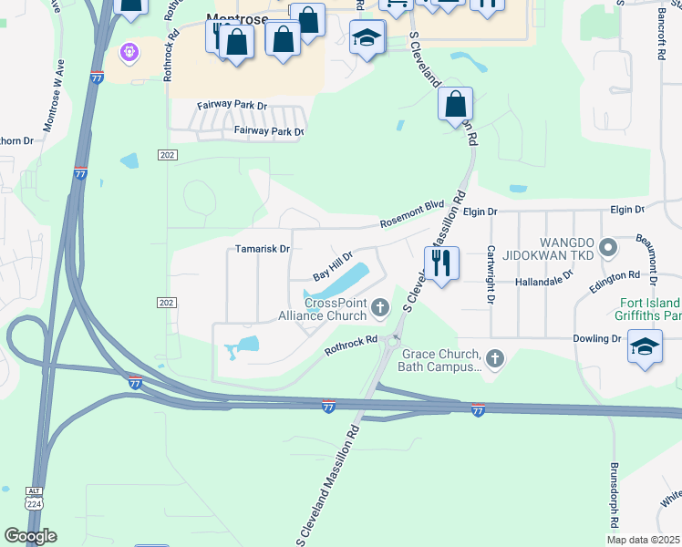 map of restaurants, bars, coffee shops, grocery stores, and more near 3618 Bay Hill Drive in Akron