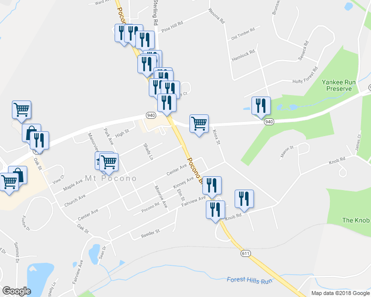 map of restaurants, bars, coffee shops, grocery stores, and more near 1399 Pocono Boulevard in Mount Pocono