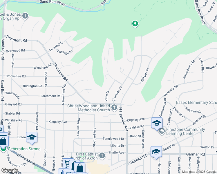 map of restaurants, bars, coffee shops, grocery stores, and more near 500 Zahn Drive in Akron