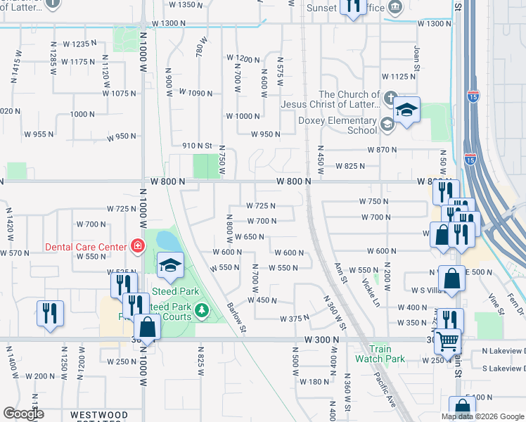 map of restaurants, bars, coffee shops, grocery stores, and more near 732 West 725 North in Clearfield