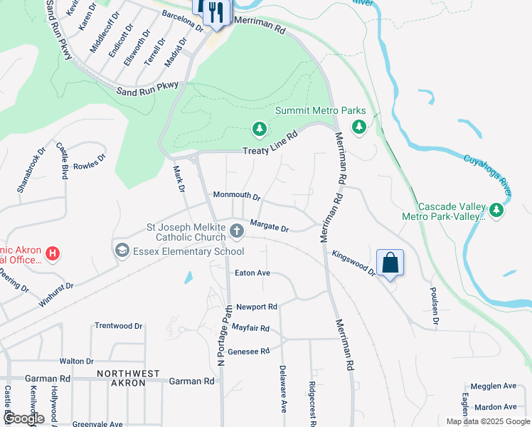 map of restaurants, bars, coffee shops, grocery stores, and more near 917 Perry Drive in Akron