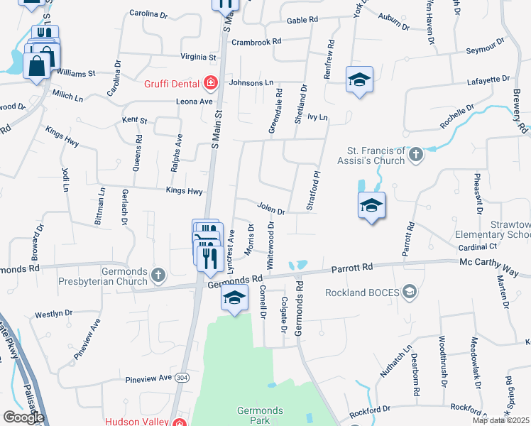 map of restaurants, bars, coffee shops, grocery stores, and more near 21 Jolen Drive in New City