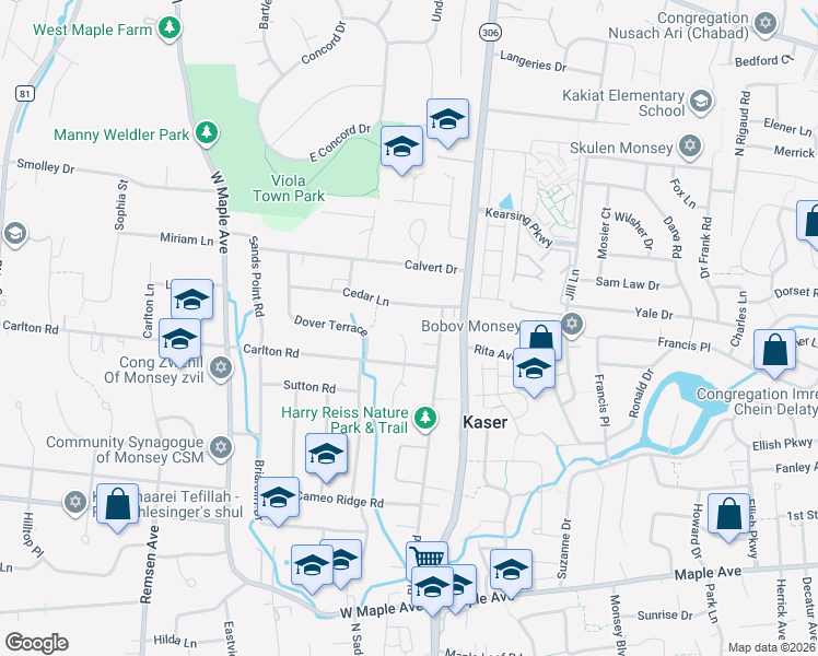 map of restaurants, bars, coffee shops, grocery stores, and more near 8 Joan Lane in Monsey