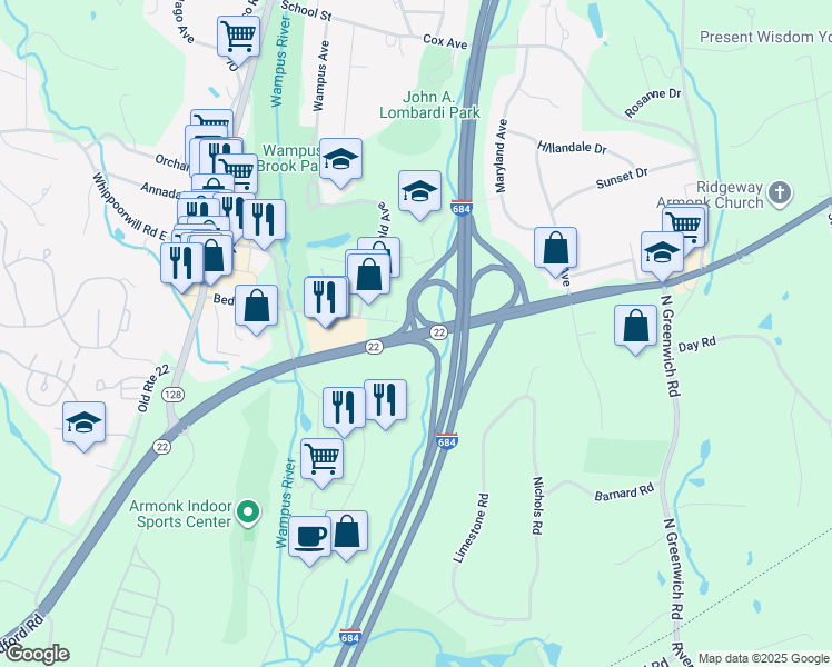 map of restaurants, bars, coffee shops, grocery stores, and more near 120 Armonk Bedford Road in Armonk
