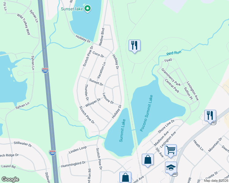 map of restaurants, bars, coffee shops, grocery stores, and more near 5210 Holiday Drive in Pocono Summit
