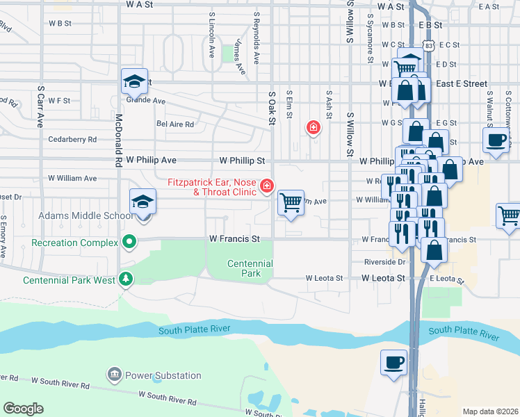 map of restaurants, bars, coffee shops, grocery stores, and more near 1100 South Oak Street in North Platte