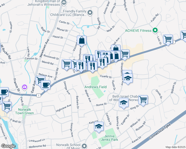 map of restaurants, bars, coffee shops, grocery stores, and more near 250 Westport Avenue in Norwalk